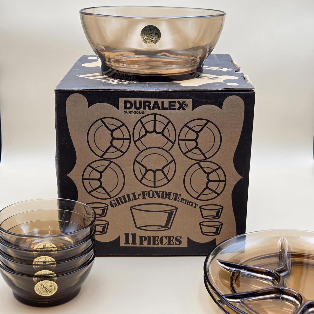 Vintage Duralex Mode Grill Fondue Party Set – 11 Piece Amber Glass Dinnerware